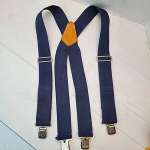 Sears Craftsman Navy Blue Adjustable Suspenders Leather Y-Back Metal Clips